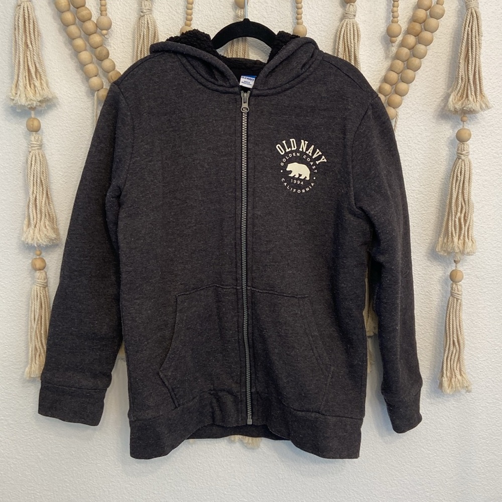 Old Navy Sherpa lined hoodie sweatshirt charcoal grey black zip up boys L 10/12
